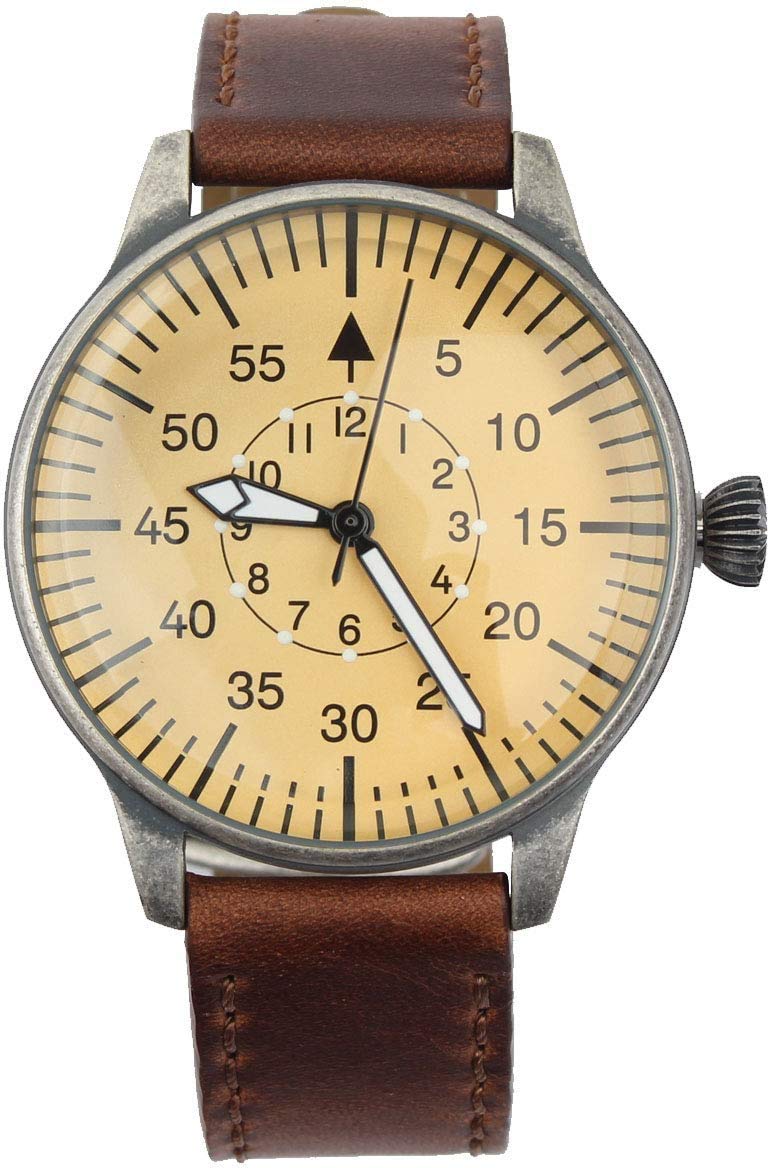 Mil-Tec Luftwaffe Me109 Aviator Vintage German WW2 Flieger Pilot Mens Watch - Military Easy to Read Calfskin Brown Leather Strap 3Atm Analog Quartz