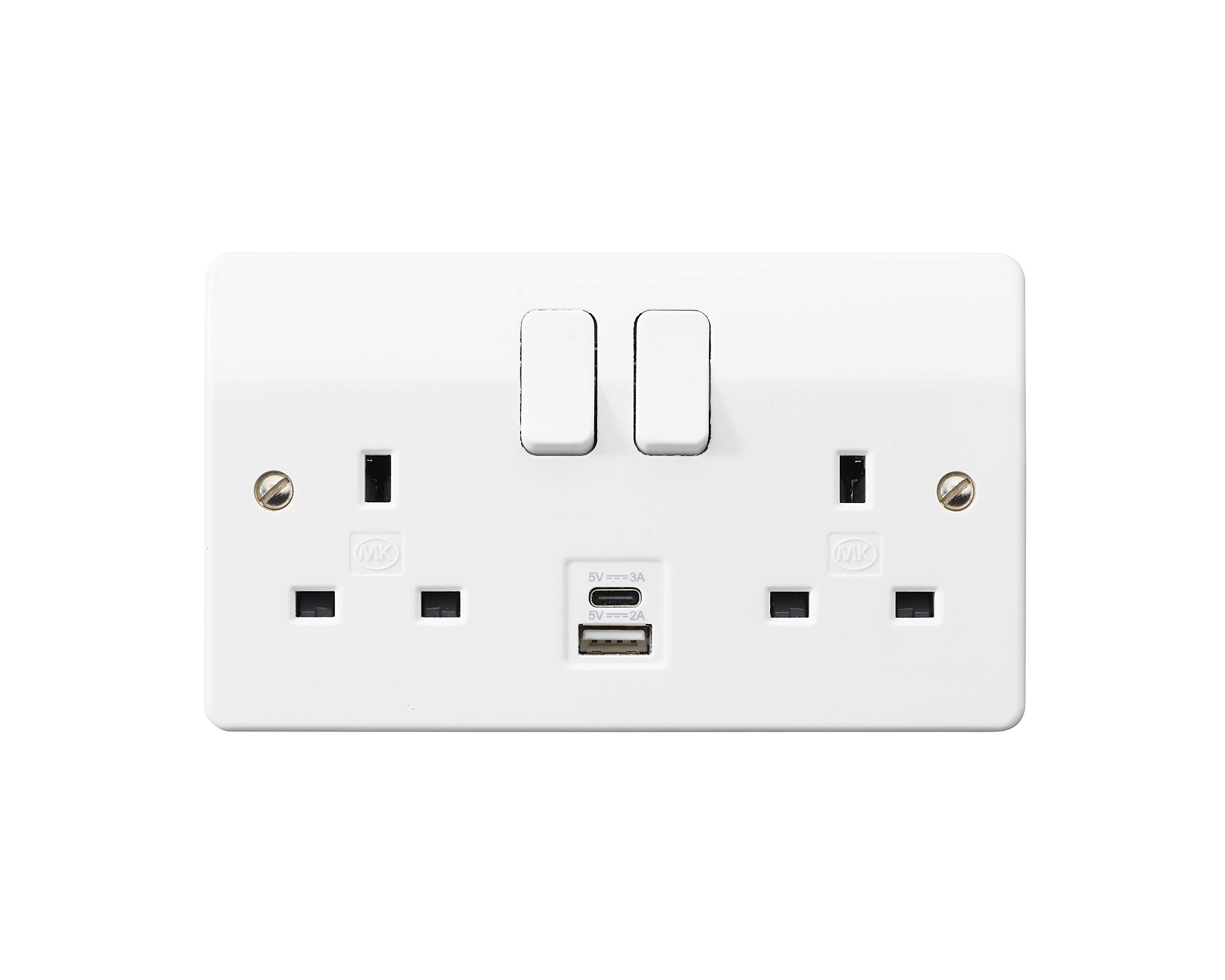 MK (ELECTRIC) Logic Plus Double Socket (K2745WHI) with Dual USB Charging Ports type A and C, (2-Gang, 13A), white