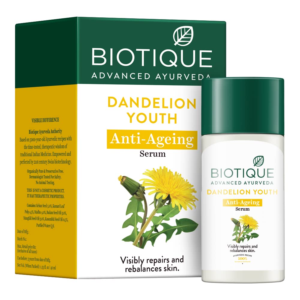 Biotique Dandelion Youth Anti-Ageing Serum| Ayurvedic and Organically Pure| Anti-Ageing Serum for Men & Women| Reduces Fine Lines & Wrinkles |100% Botanical Extracts| All Skin Types | 40ml