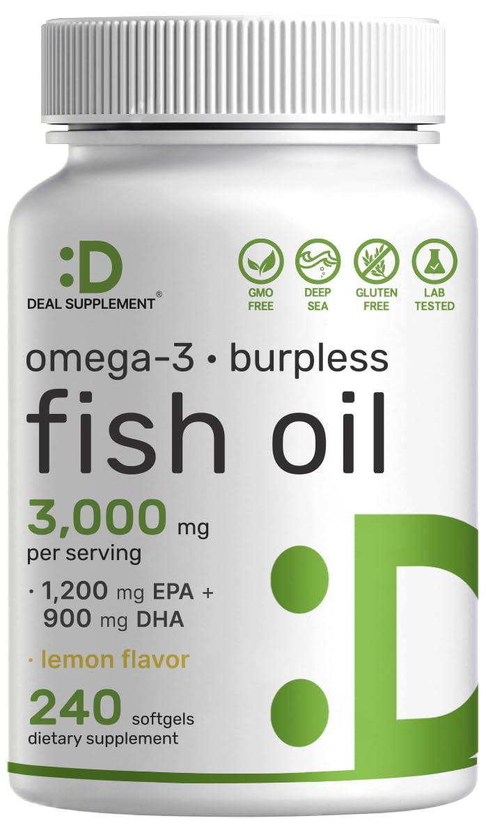 DEAL SUPPLEMENTOmega 3 Fish Oil Supplements, 3,000mg Per Serving, 240 Softgels – EPA 1,200mg + DHA 900mg – Burpless Pills, Lemon Flavored, Wild Caught – Brain & Heart Support – Mercury Free, Non-GMO