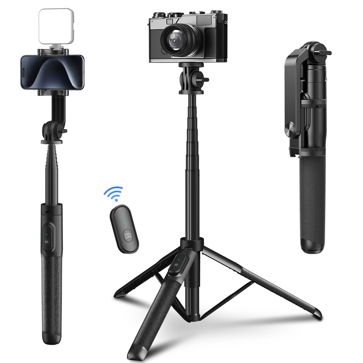 Mobilife Long Selfie Stick with Reinforced Tripod Stand 64" Multi-Function Selfie Stick Tripod for iPhone Camera Gopro Fill Light Bluetooth Selfie Tripod for Vlogging Live Streaming Travel,Black