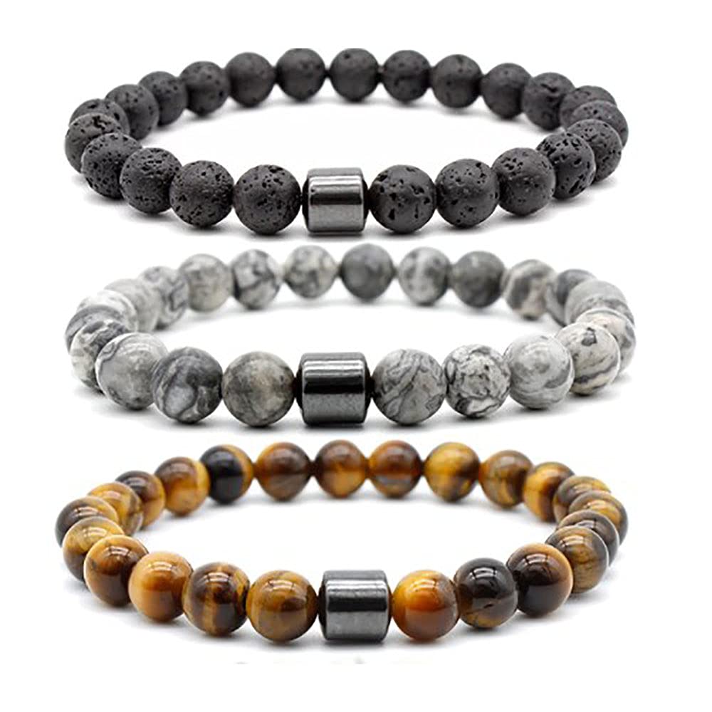 Jury Ricjurzzty 3 PCS Tiger Eye Stone Bracelets 8MM Natural Stones Beads Bracelets for Men Women Girls Jewelry One Size - multi