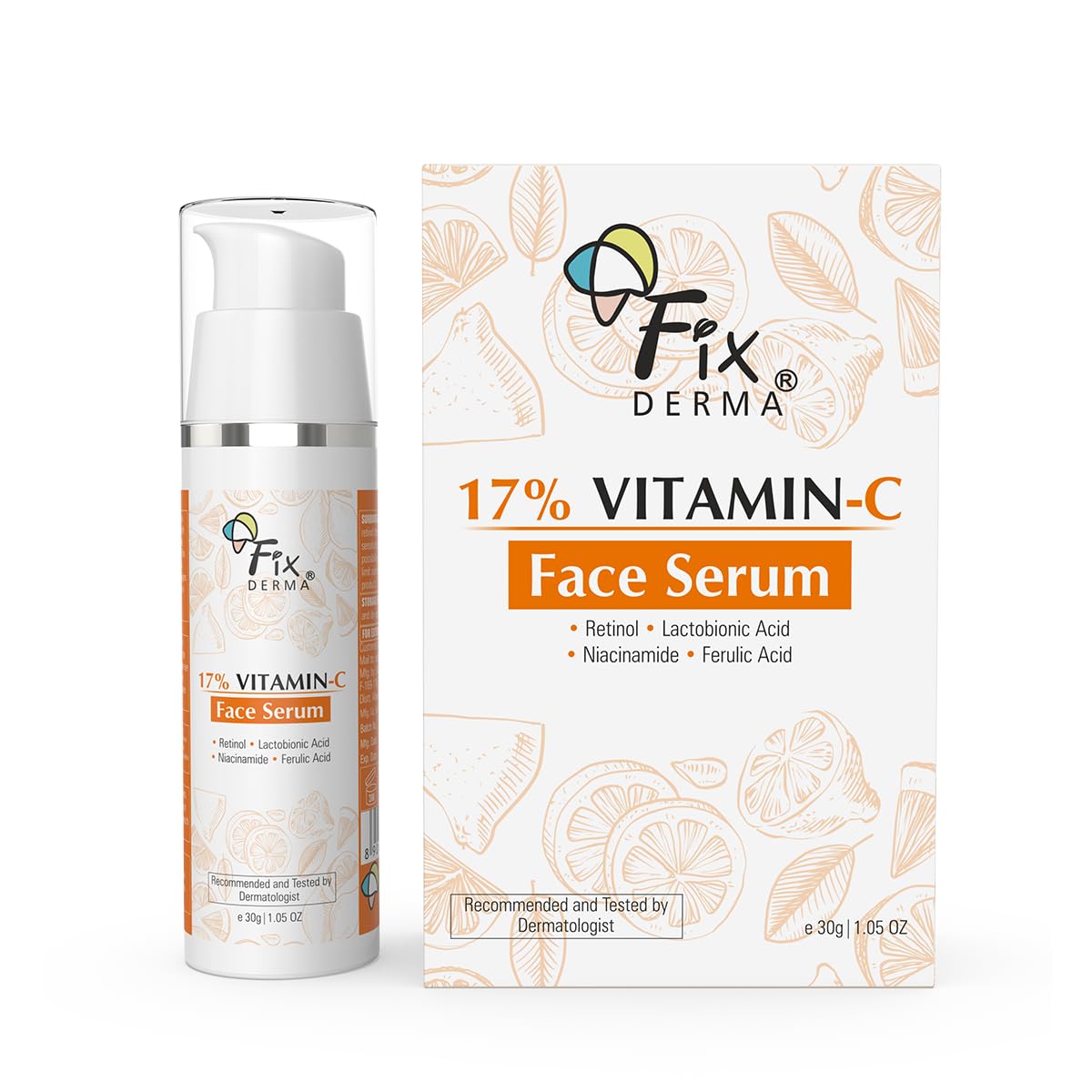 FIXDERMA17% Vitamin C Face Serum for Glowing Skin | Retinol Face Serum | Skin Brightening Vit C Serum for Women and Men | Anti Aging Night Face Serum | Niacinamide Serum - 30g