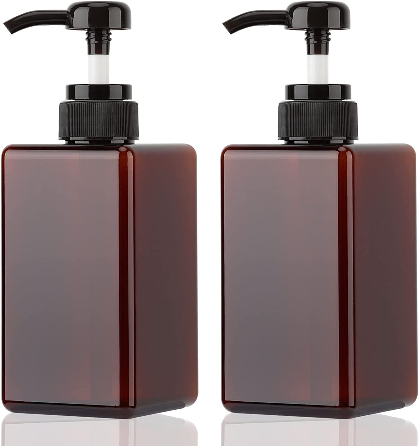 Pump Bottle Dispenser Refillable Square Plastic Lotion Dispenser Empty Lotion Pump Bottle for Essential Oil Soap Lotion Shampoo, Bathroom/Kitchen/Travel, 2Pack 450ml (15.2oz) Amber