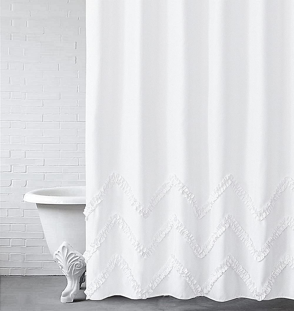 White Shower Curtain with Zig-zag Stripes of Ruffled Trim,Farmhouse Chic Fabric Shower Curtain for Bathroom,Machine Washable,72"x72"