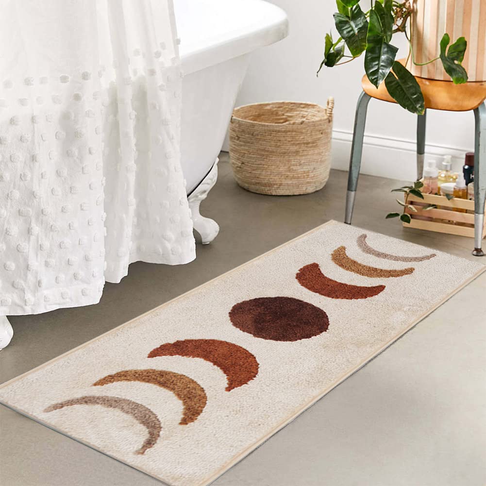 Boho Bathroom Rugs Runner Non-Slip Moon Phases Bath Rug Microfiber Bohemian Bath Mats Washable Boho Area Rug Carpet for Tub, Shower, Bathroom, Bedroom, Beige 20"x50"