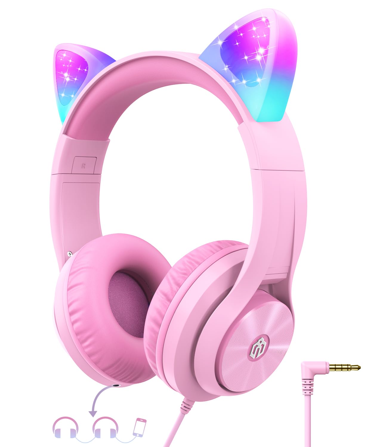 iClever Kids Headphones with Cat Ear Led Light Up, Safe Volume Limite Kids Wired Headphones with FunShare Foldable Over-Ear Headphones for Kids/School/Travel