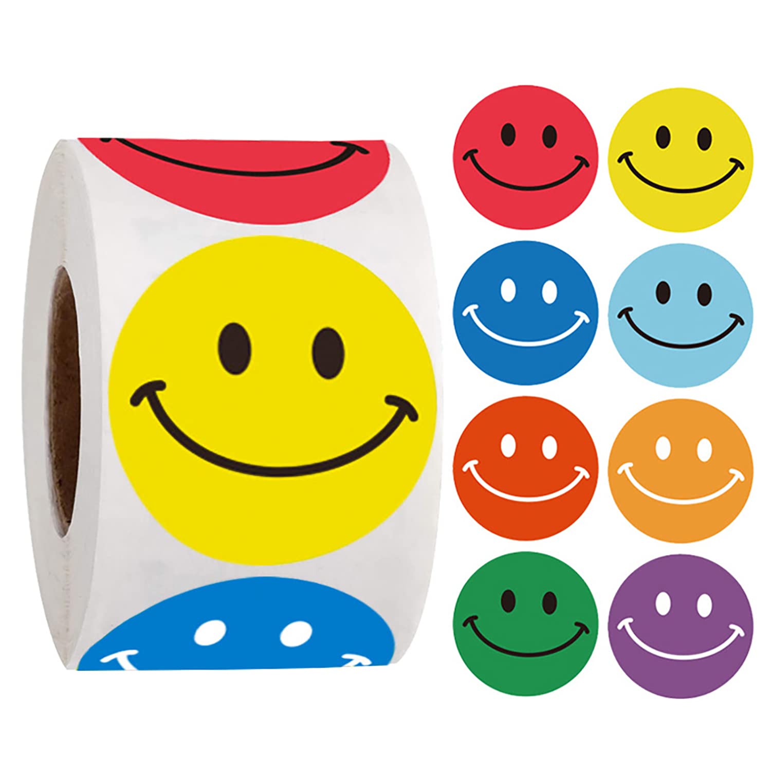 1 inch Round Smile Face Stickers,Happy Face Stickers,Reward Stickers,8 Color Designs,500 Labels Per Roll