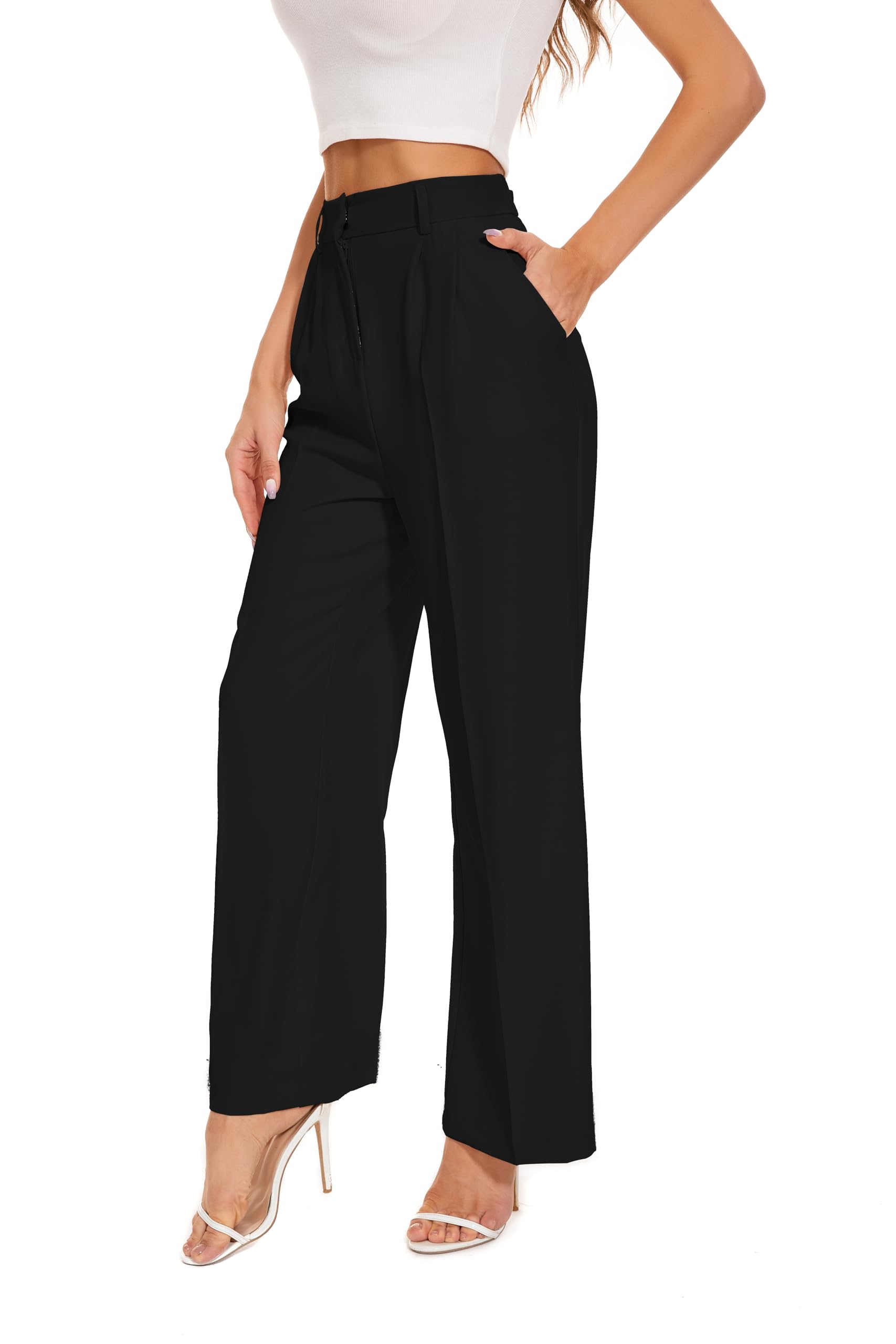 FUNYYZOWide Leg Pants Women's High Elastic Waisted in The Back Business Work Trousers Long Straight Suit Pants