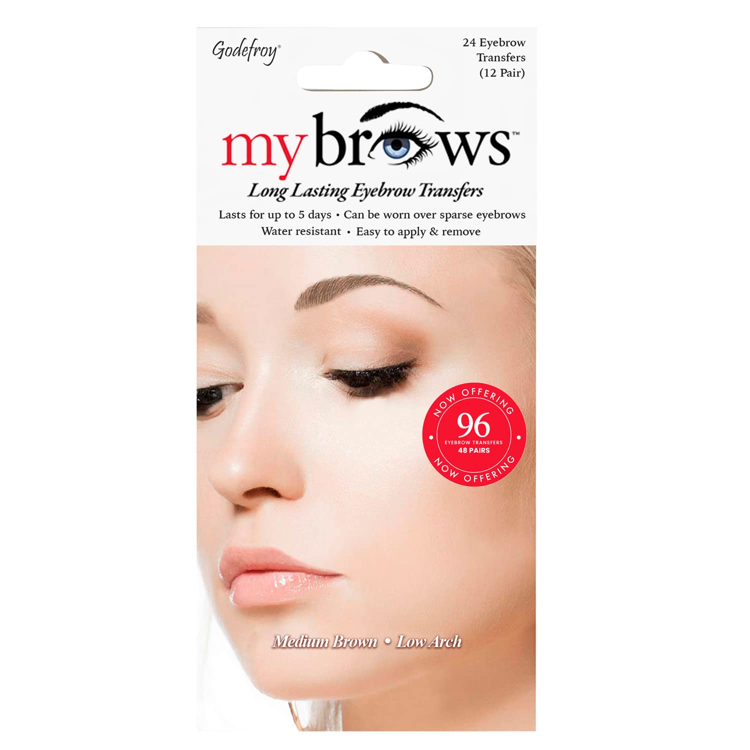 GodefroyMyBrows Long Lasting Eyebrow Transfers, Low Arch, Medium Brown, 48-Pairs of Brows (96 Individual transfers)