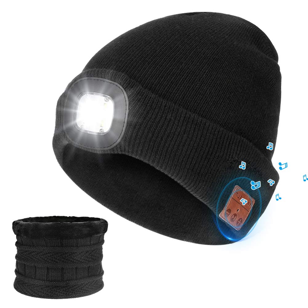 LINGSFIREWireless Bluetooth Beanie Hat LED Beanie Hat with Scarf, Unisex Knitted Lighted Cap Music Headset Hat with Built in Mic Stereo Speakers, Winter Warm Hat USB Rechargeable for Running, Skating