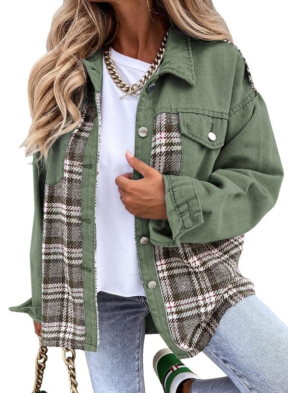 SHEWIN Women's Oversized Denim Jacket Casual Long Sleeve Button Down Plaid Shacket Boyfriend Jean Jacket With Pockets