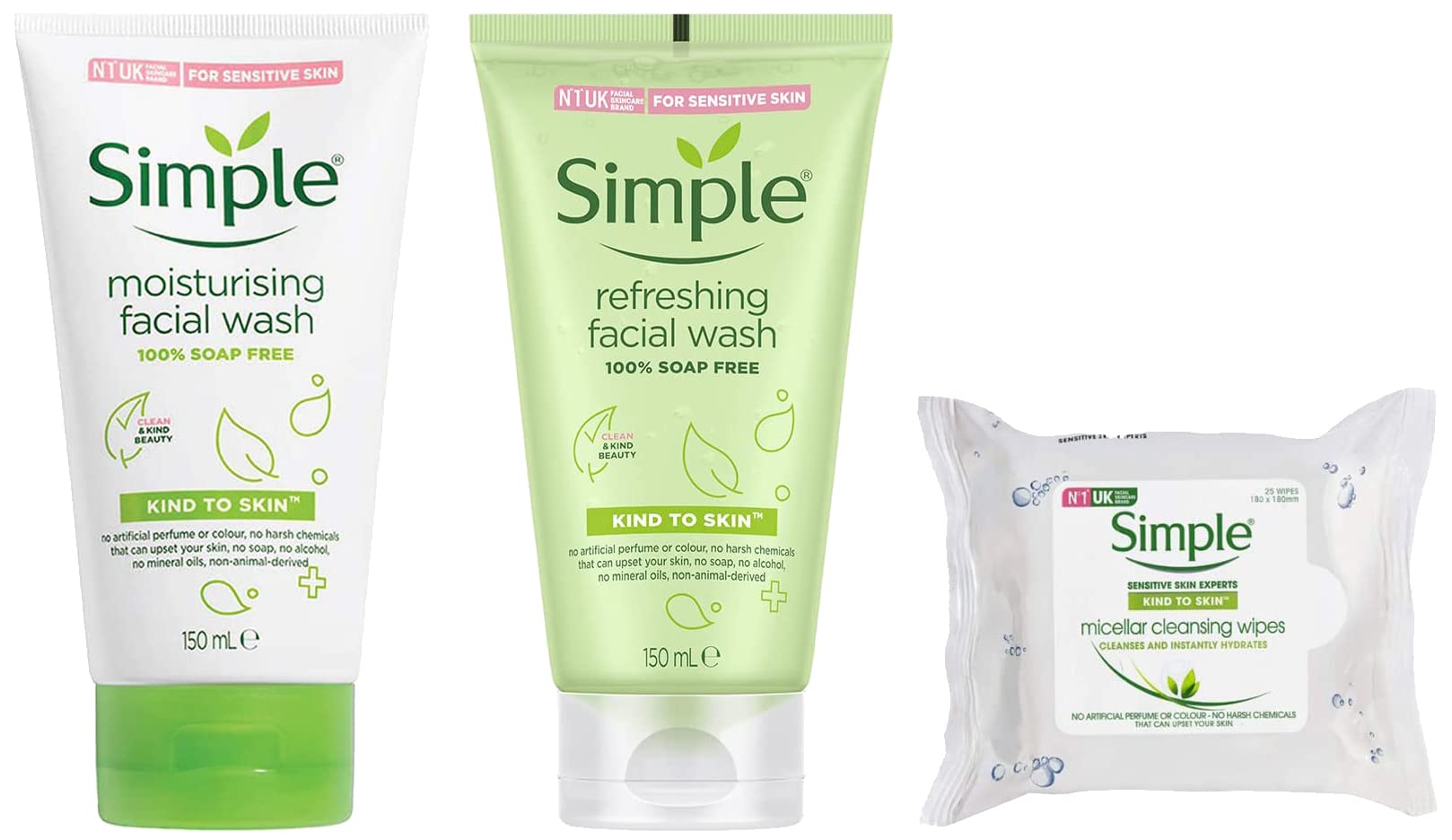 Simple Kind To Skin Moisturising Facial Wash & Kind To Skin Facial Wash, 150 ml & Kind To Skin Micellar Cleansing Wipes