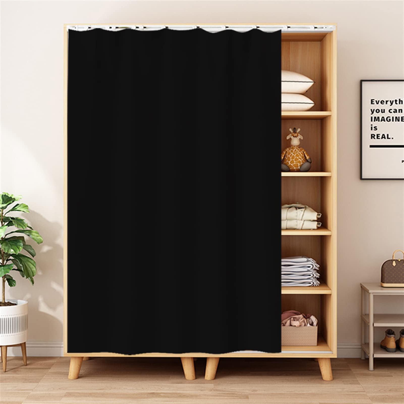 SK Studio Cabinet Curtains for Shelves, Privacy Closet Curtain Dust-Proof Window Shades for Kitchen Storage Room, No Tools No Drill Black, 39" W x 71" H