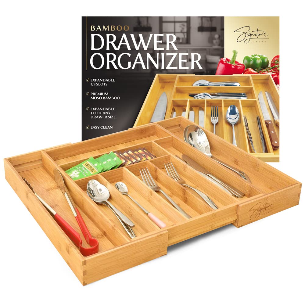 Signature Living Bamboo Expandable Utensil Drawer Organizer, Premium Bamboo for Cutlery, Flatware, Silverware - Drawer Dividers for Easy Storage