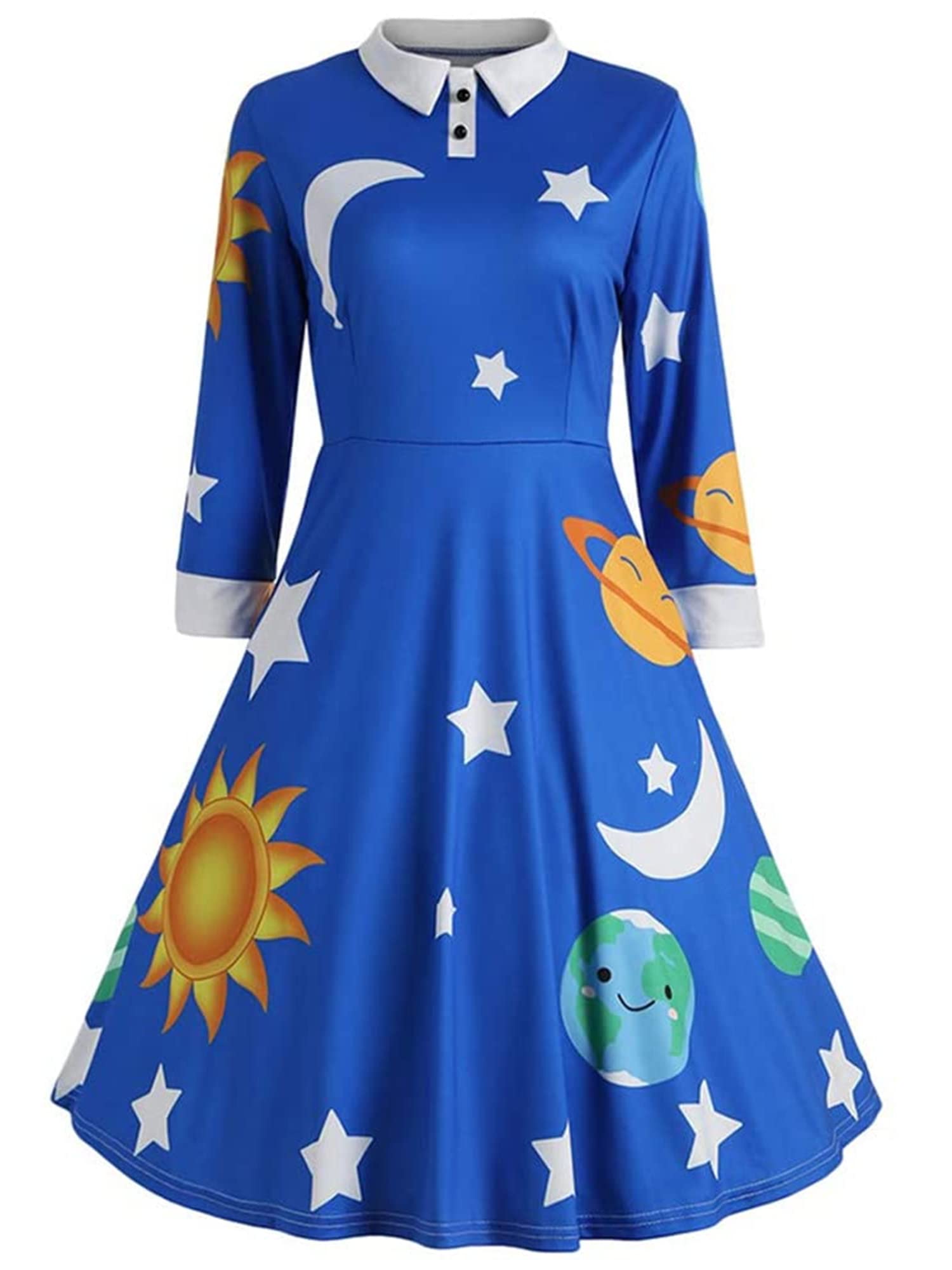 ZEZCLOWomen's Long Sleeve Peter Pan Collar A-line Dress Halloween Costume Vintage Solar System Fit and Flare Dresses