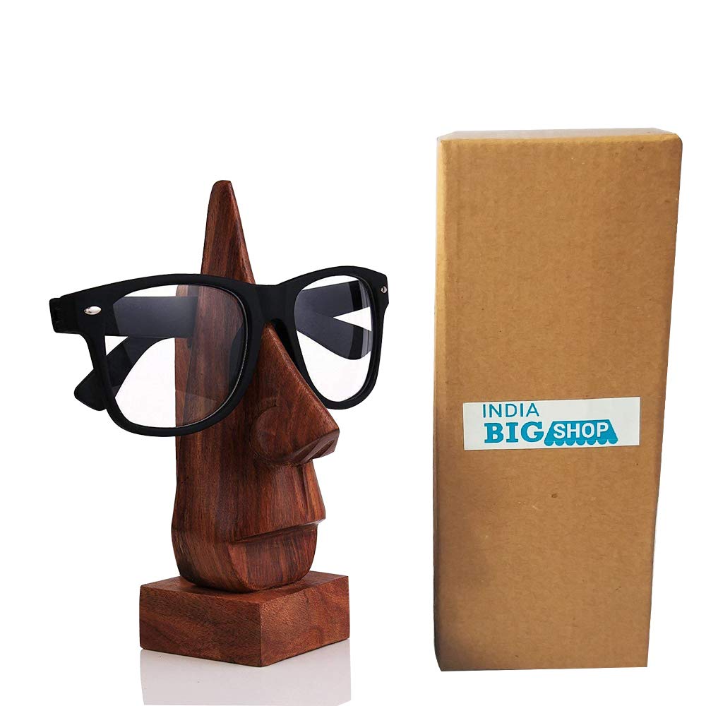 IndiaBigShop Wooden Hand Carved Classic Sheesham Wood Nose-shaped Eyeglass Spectacle Holder Perfect for Home and Office Decor 6 Inch