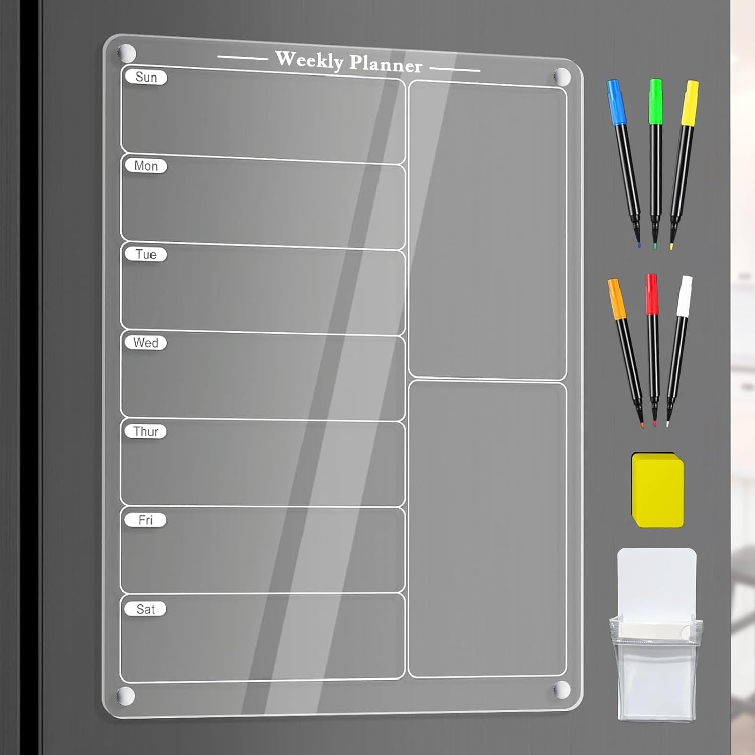 AquaFalcon Clear Acrylic Meal Planner Magnetic Menu Board for Fridge - Weekly Calendar with 6 Markers - Dry Erase Board for Kitchen