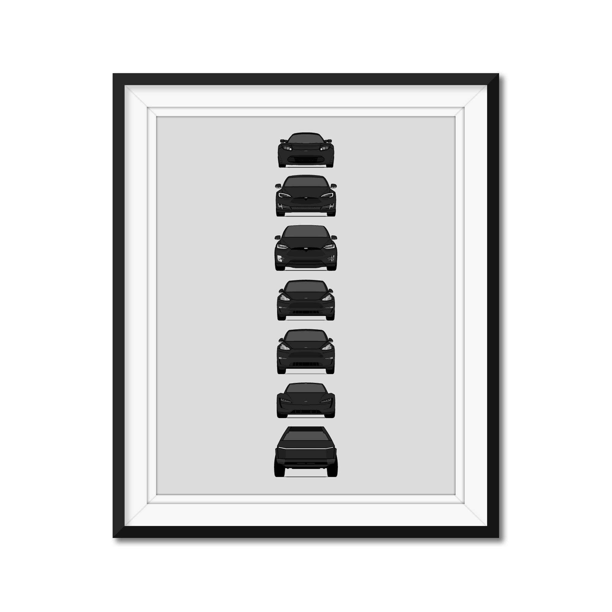 Tesla Car Generations Inspired Car Poster - Handmade Print of Tesla (Roadster, Model S, Model X, Model 3, Model Y, Cyber Truck) - Black, 8x10" Metallic Print (Unframed)-Perfect Gift Car Enthusiast