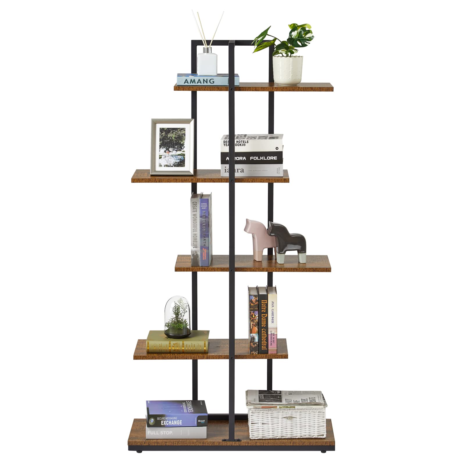 Mondeer Bookshelf, 5-Tier Floor Standing Bookcase, Asymmetrical Staggered Display Shelf, Plant Shelf, Industrial Style, for Living Room, Bedroom, Home Office, 74 x 28 x 144.5 cm, Rustic Brown