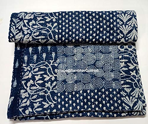 Sambhav Quilt Hub Blue Indigo Print Cotton Handmade Handblock Quilted Blanket Indian Cotton Indigo Print Bedspread Kantha Work Bohemian Bed Decor Block Throw Blanket Twin/King/Queen (108X108 inches)