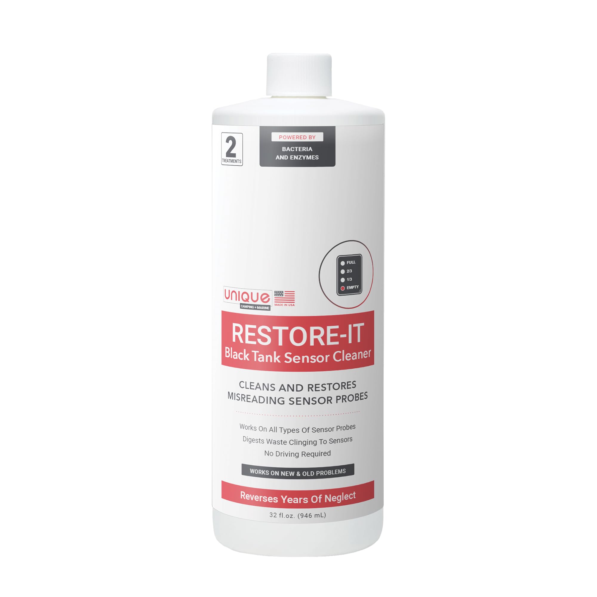 UniqueRestore-It RV Sensor Cleaner Liquid for Black Water Holding Tanks - Cleans and Restores Misreading Camper Black Tank Sensor Probes, Formerly Sensor Cleaner, CA Compliant (32 oz.)