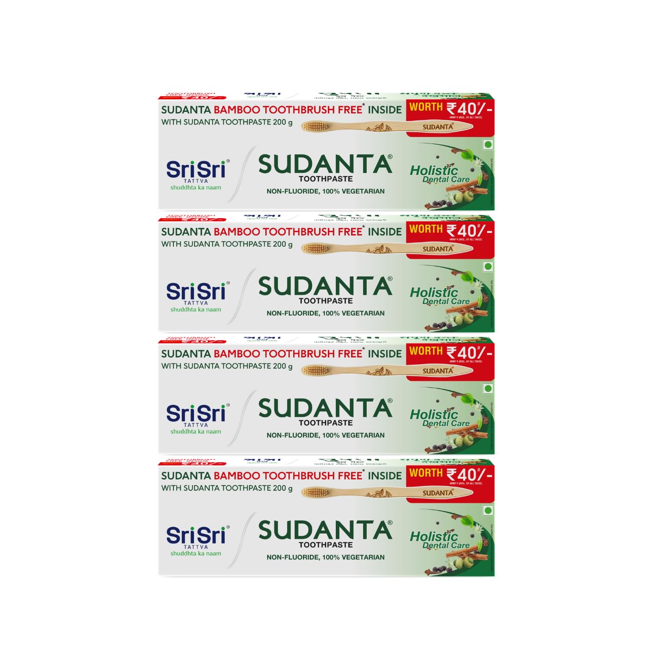 SRI SRI TATTVAshuddhta ka naam Sudanta Ayurvedic Herbal Toothpaste-All Natural,Fluoride Free Tooth Paste With Cloves,Cinnamon,Bakul & More-200G (Pack Of 4),For Kids & Adults | Fresh Breath