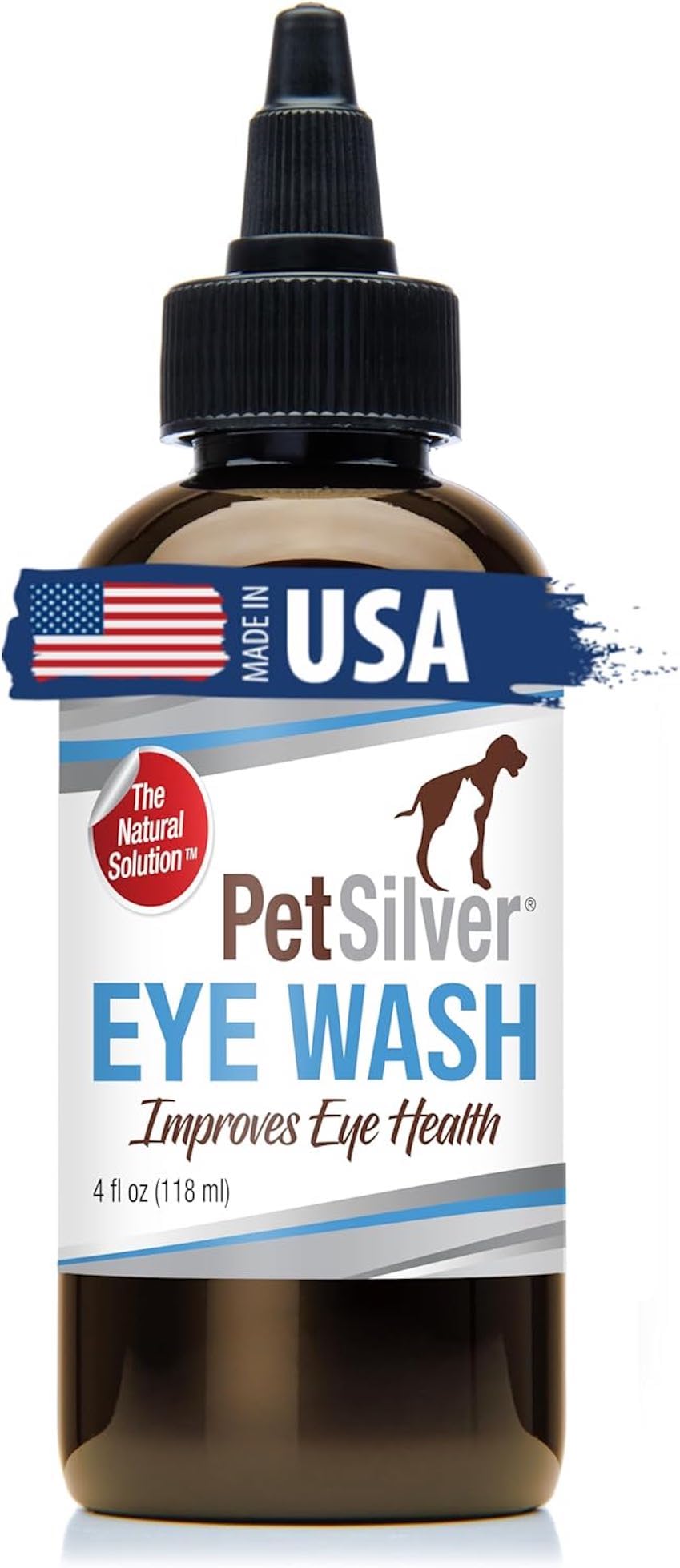 PetSilver Eye Wash for Dogs & Cats - Patented Silver Formula - Natural Eye Solution for Inflammation & Irritation - Pet Eye Cleaner & Tear Stain Remover - Easy to Apply - Made in The USA - 4 fl oz