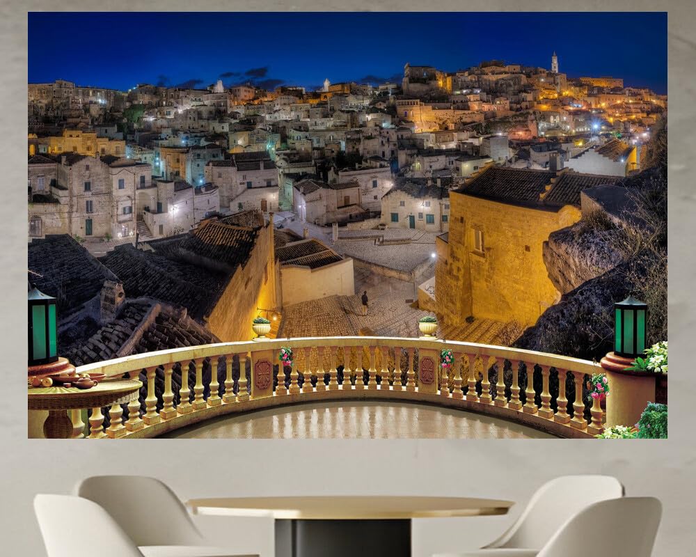 JVERF - JZZD05978 Houses Italy Matera Sasso Caveoso Night| Self-Adhesive Open Window Wall Sticker