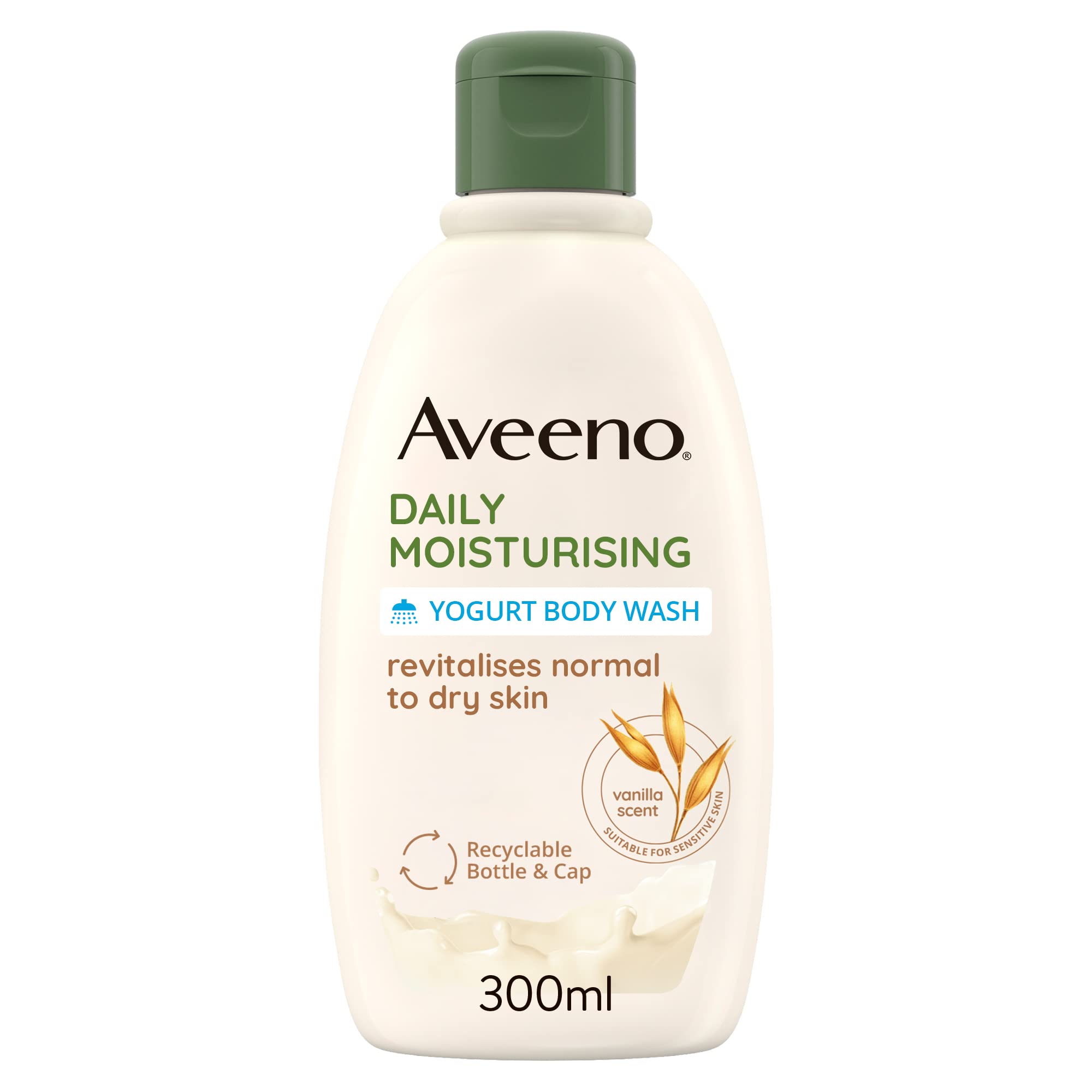 AveenoDaily Moisturising Yogurt Body Wash, Vanilla & Oat Scent, With Prebiotic Oat and Probiotic Greek Yogurt, Suitable For Sensitive Skin, Gently Cleanses and Moisturises, 300ml