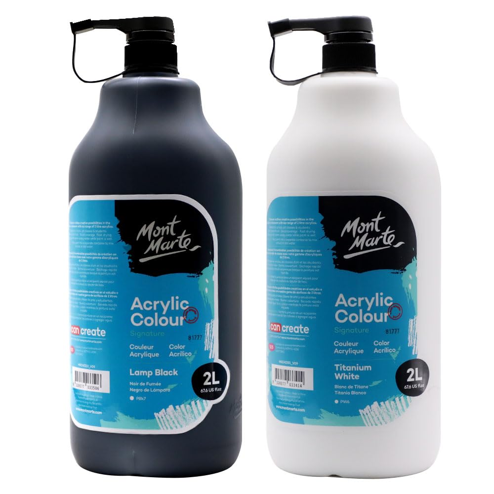 Mont Marte Discovery School Acrylic, Titanium White and Black, 1/2 Gallon (2 Liter). Ideal for Students and Artists. Excellent Coverage and Fast Drying. Pump Lid Included.