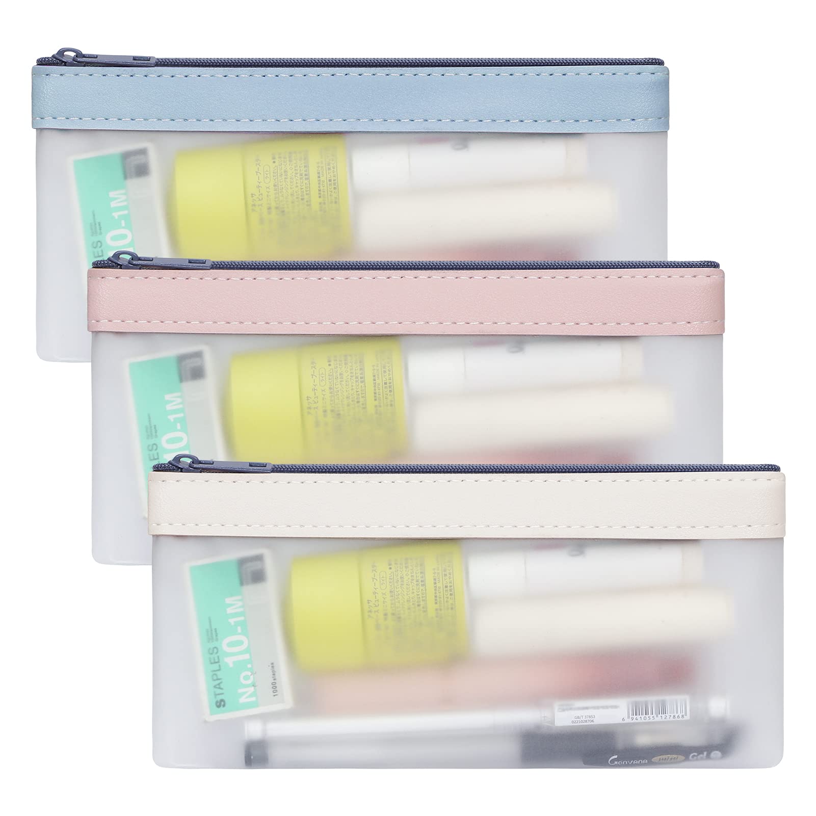 Toplive3 Pieces Pencil Case Set, Clear Exam Pencil Pouch, TPU Zipper Pen Case Bag, Makeup Bag for Women, Portable Office School Stationery Storage Pouch for Students Adults, Macaron Blue Pink White