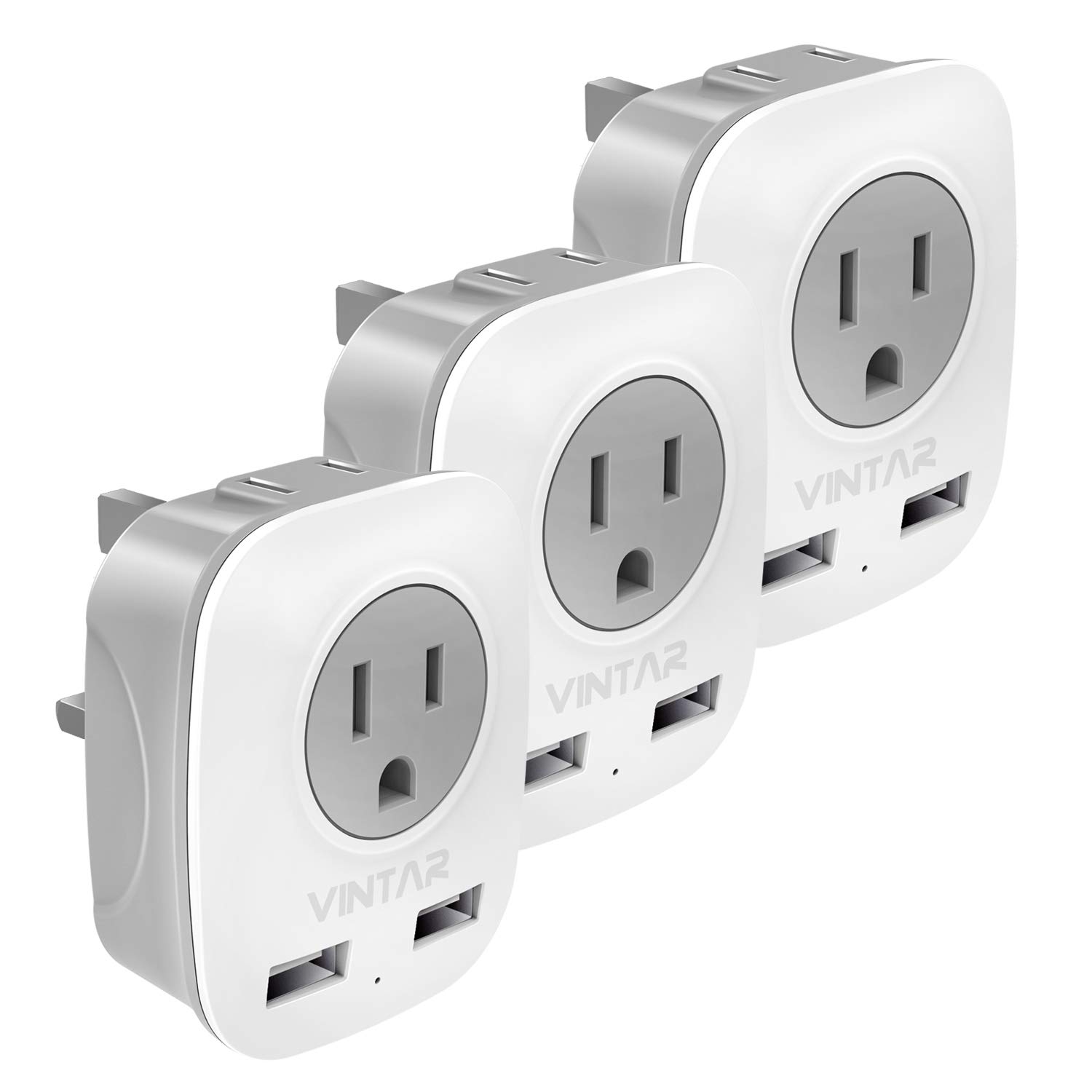 [3-Pack] US to UK Plug Adapter, Ireland Hong Kong Type G Travel Adaptor,VINTAR International Power Adapter with 2 USB,4 in 1 Outlet Adaptor for USA to British England Scotland Irish London Dubai