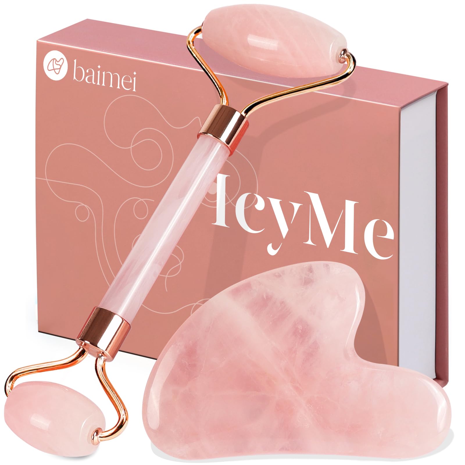 BAIMEI Jade Roller & Gua Sha, Face Roller, Facial Beauty Roller Skin Care Tools, BAIMEI Rose Quartz Massager for Face, Eyes, Neck, Body Muscle Relaxing and Relieve Fine Lines and Wrinkles