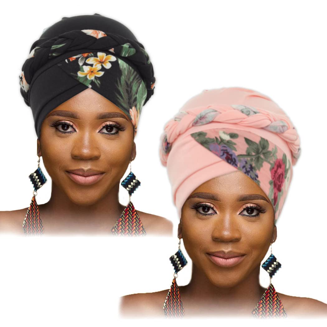 African Turban Head Wraps Pink Pattern Braid Head Scarf Flower Print Pre-Tied Head Cover Cap Headwear for Women and Girls(Pack of 2)