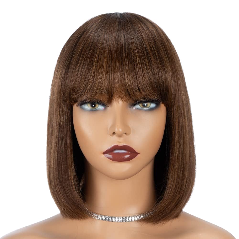 Rebecca Fashion Highlight Brown Bob Wig with Bangs Human Hair 10 Inch Light Yaki Straight Short Bob Human Hair Wigs for Black Women Wear and Go Glueless Wig for Daily Wear