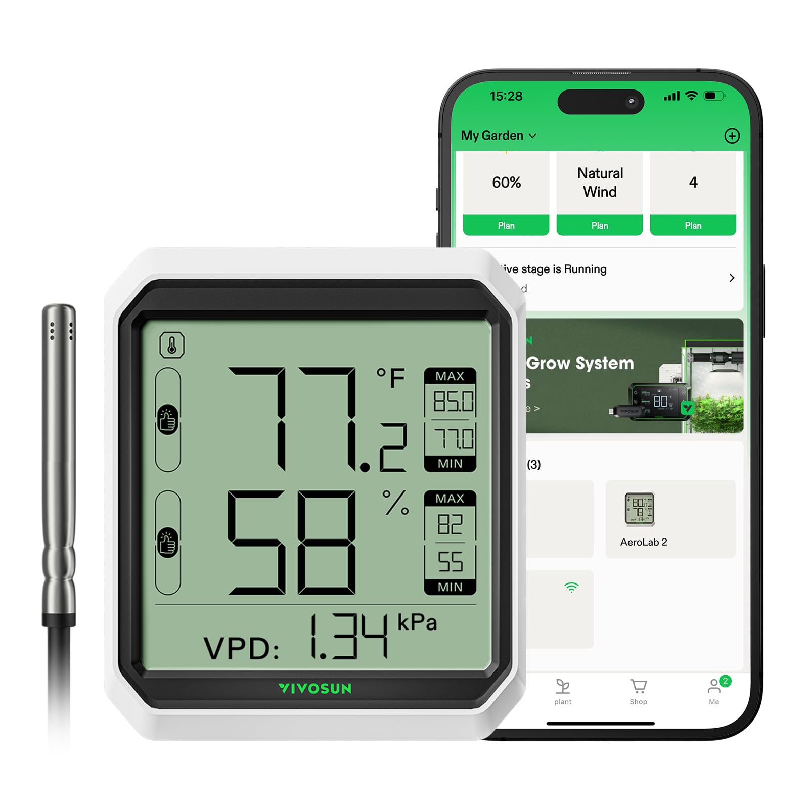 VIVOSUN AeroLab THB1S Wireless Bluetooth Hygrometer Thermometer Indoor, VPD, Digital Temp Humidity Meter, LCD Smart App Control & Alert, Data Storage, Dual Channels with Sensor Probe, Battery Included