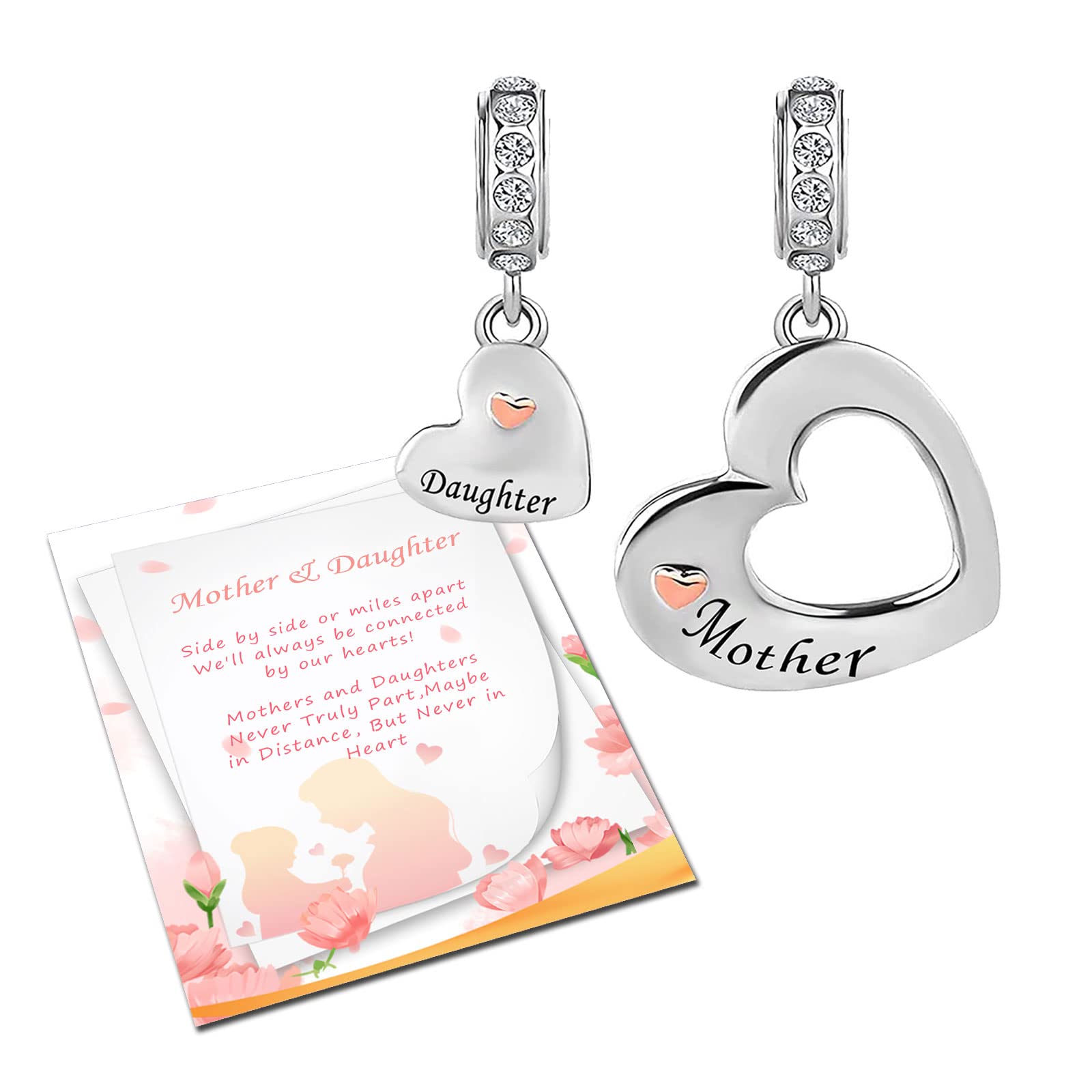 KunBeadMother Daughter Love Heart Dangle Birthday Jewelry Charms Compatible with Pandora Charm Bracelets Necklace Mothers Day Gifts sets for 2 for Women