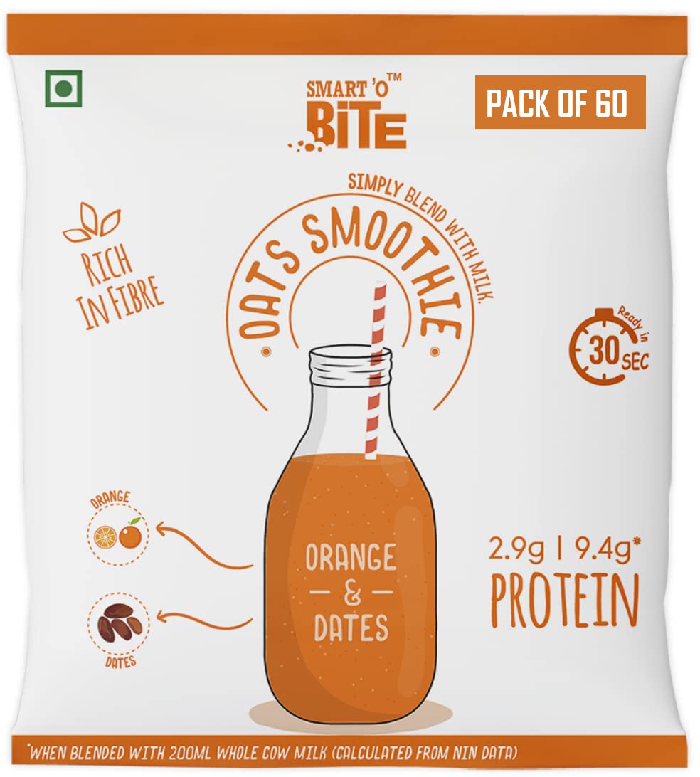 Smart'O Bite Oat Smoothie Orange & Dates I Healthy Shake Mix I Pack of 60 Sachets | No Refined Sugar | Fibre Rich | Protein Source | Ready in 30 Seconds