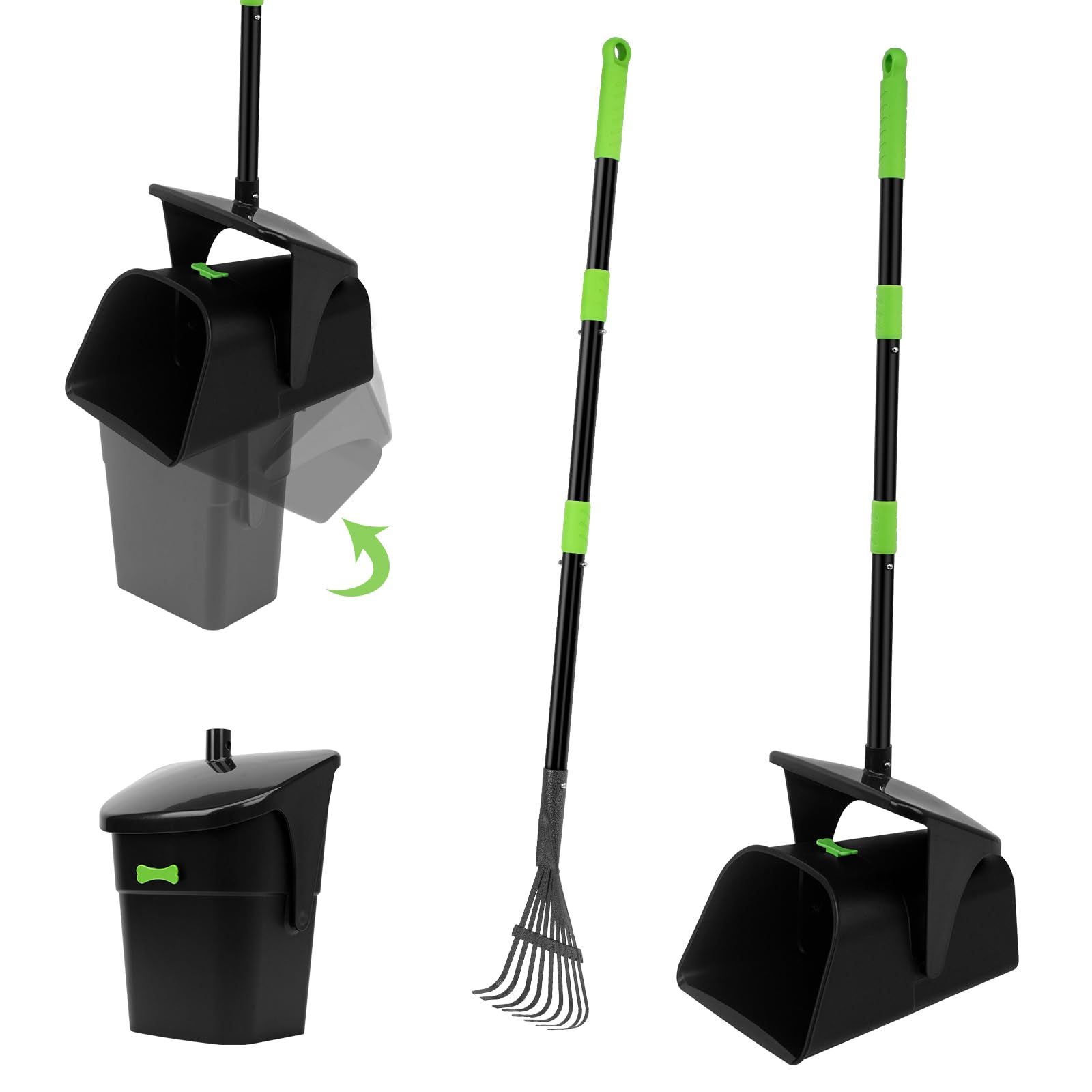 SZHLUX Pooper Scooper with Heavy Duty Swivel Bin & Rake, Long Handle for Medium/Small Dogs - Green（Includes 10 Waste Bags）