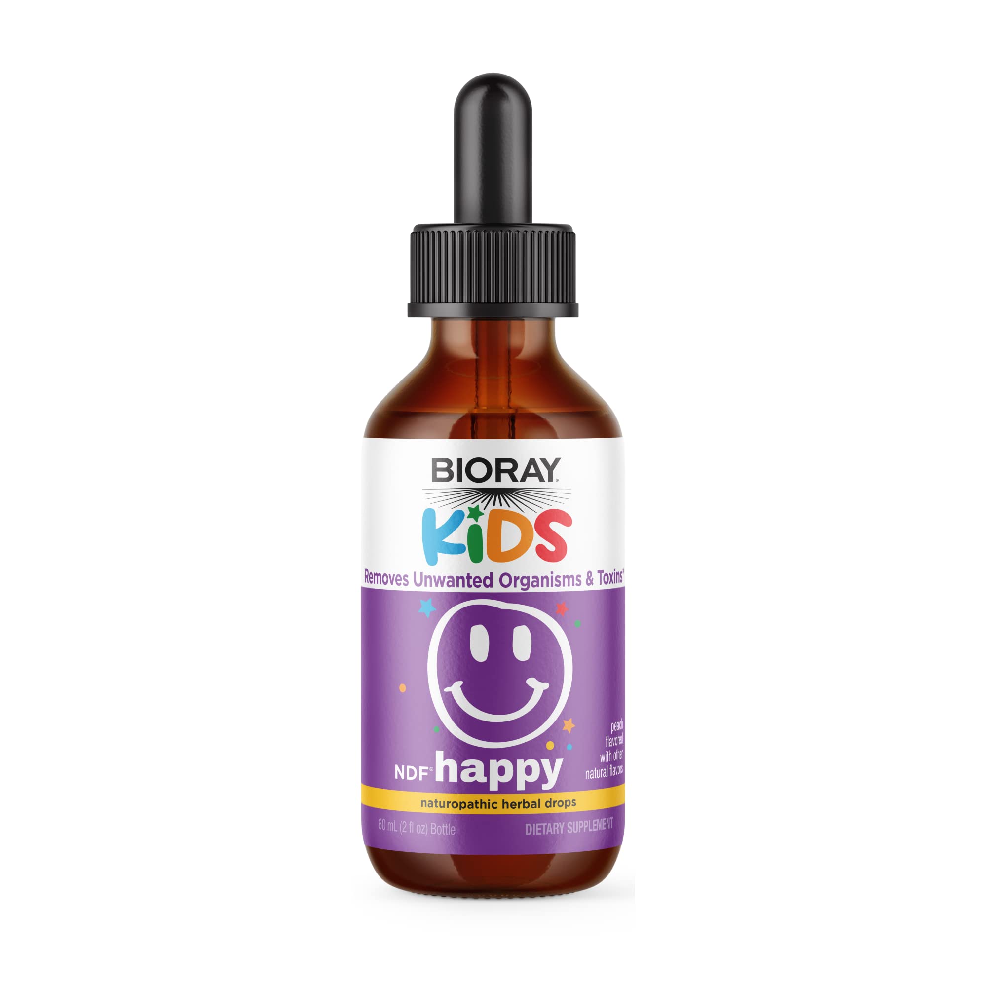 BIORAYKids NDF Happy, Peach - 2 fl oz - Removes Unwanted Organisms That Can Trigger Irritability - 1-2 Month Supply