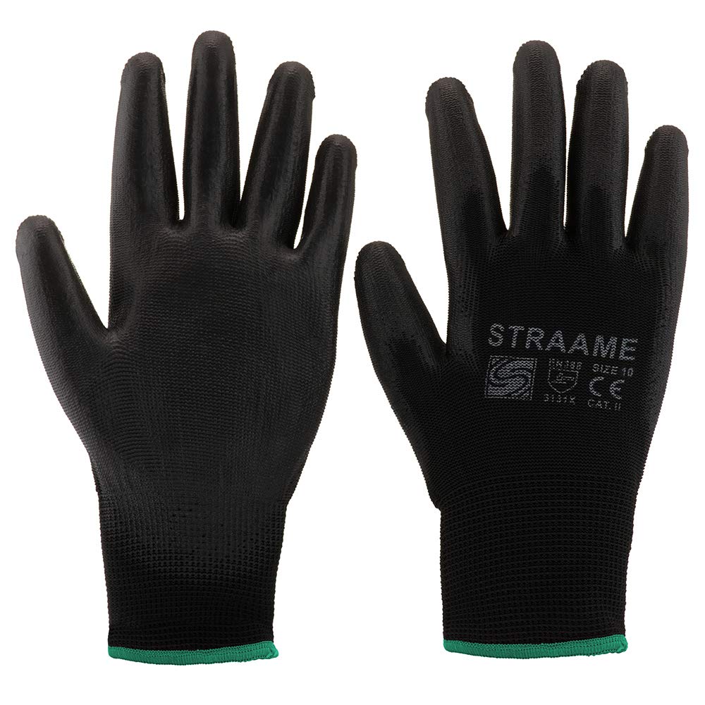 Straame Pack of 12 or 24 Black Safety Work Gloves, Outdoors PU and Nylon Non-Slip Work Handling Gloves, Good Dexterity Firm Grip Protective Working Gloves