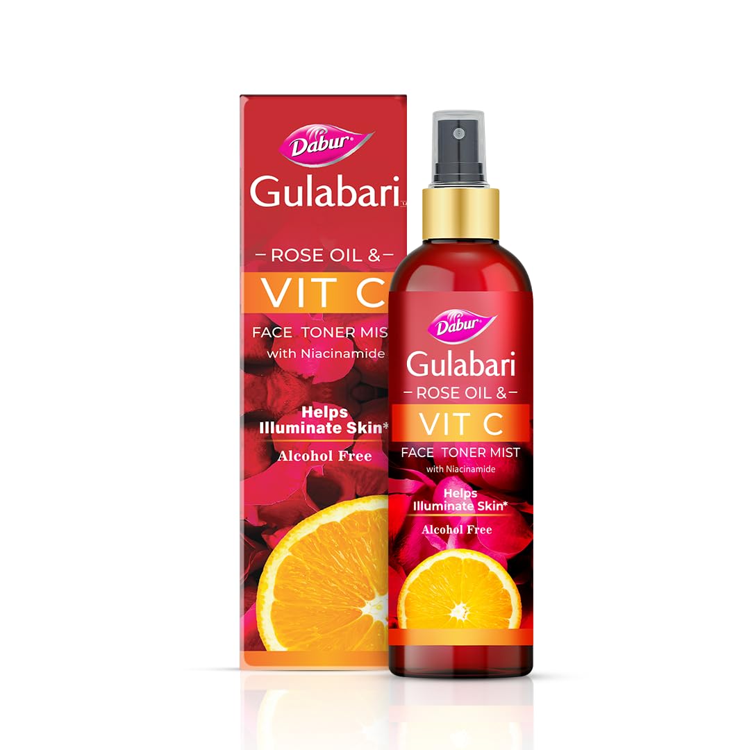 Dabur Gulabari Rose Oil & Vitamin C Face Toner Mist & Rosewater with Niacinamide - 200ml | Toner for brightened skin | Improves Uneven Skin Tone, Tightens Pores | Alcohol free