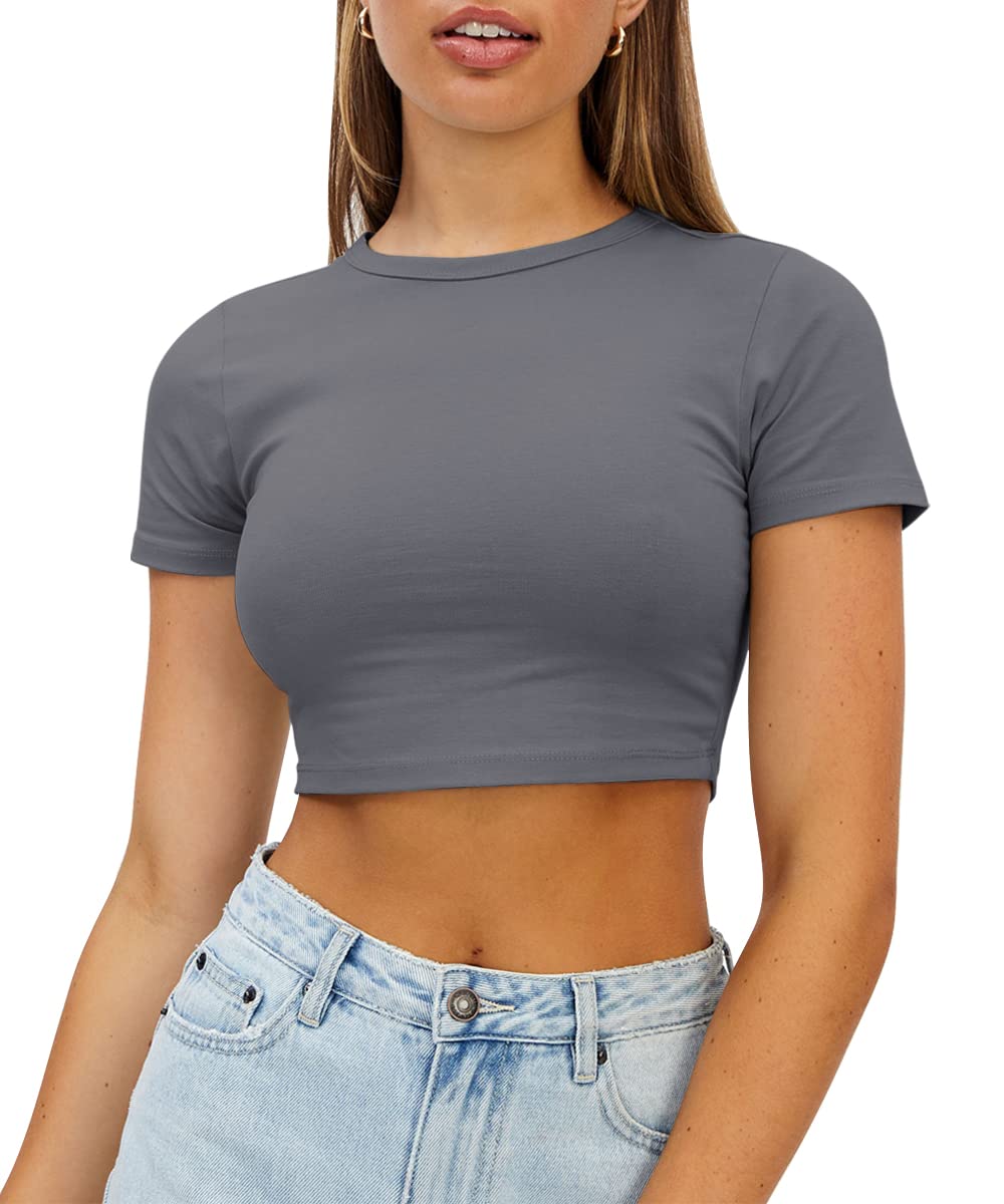 WYNNQUE Womens Crop Tops Cute Summer Scoop Neck Basic Tees Slim Fit Trendy Short Sleeve T Shirts for Teen Girls 2023