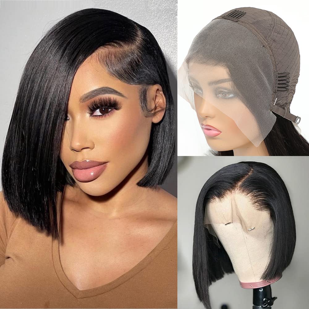 Otinid Bob Wig Human Hair 13x4 HD Bob Frontal Wigs Human Hair Bob Lace Front Wigs Human Hair Pre Plucked Brazilian Virgin Natural Black Bob Wig Human Hair with Baby Hair 10 Inch