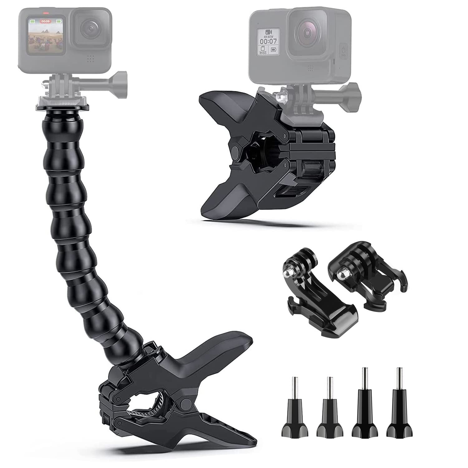 HONGDAK 8in1 Jaws Flex Clamp Mount with Adjustable Gooseneck (8 Sections) for GoPro Hero 12, 11, 11Mini, 10, 9, 8, 7, 6, 5, 4, Session, 3+, 3, Max, Hero 2018, Fusion, DJI Osmo, Xiaomi Yi Action Camera