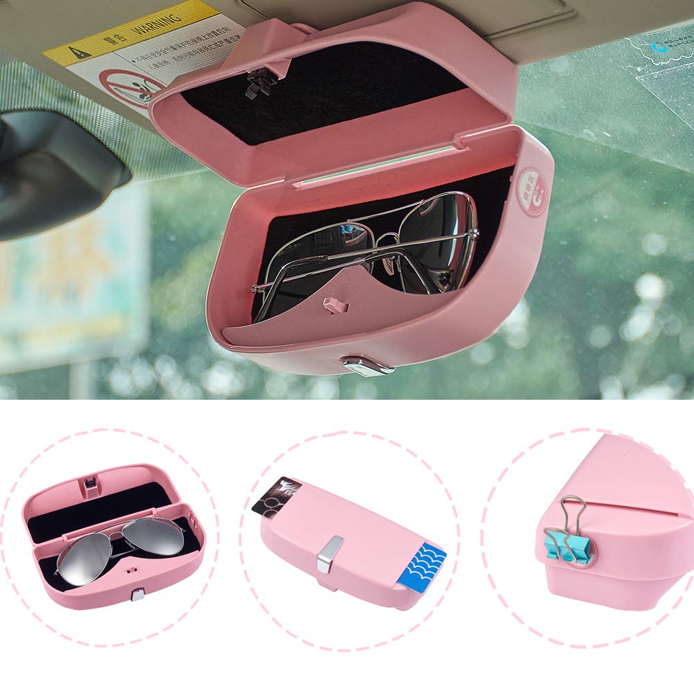 ATMOMO Pink Car Sun Visor Glasses Case Sunglasses Holder Clip Box Car Sunglasses Organizer Mount with Ticket Card Clip