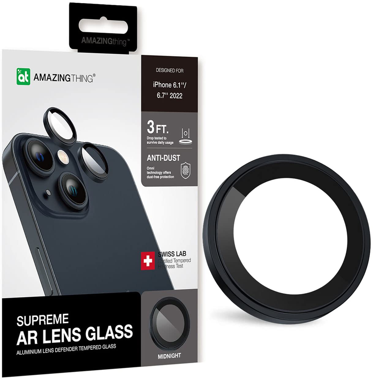 Amazing Thing iPhone 14 and iPhone 14 PLUS Camera Lens Protector Supreme Tempered Glass Aluminum AR Lens Defender - Midnight