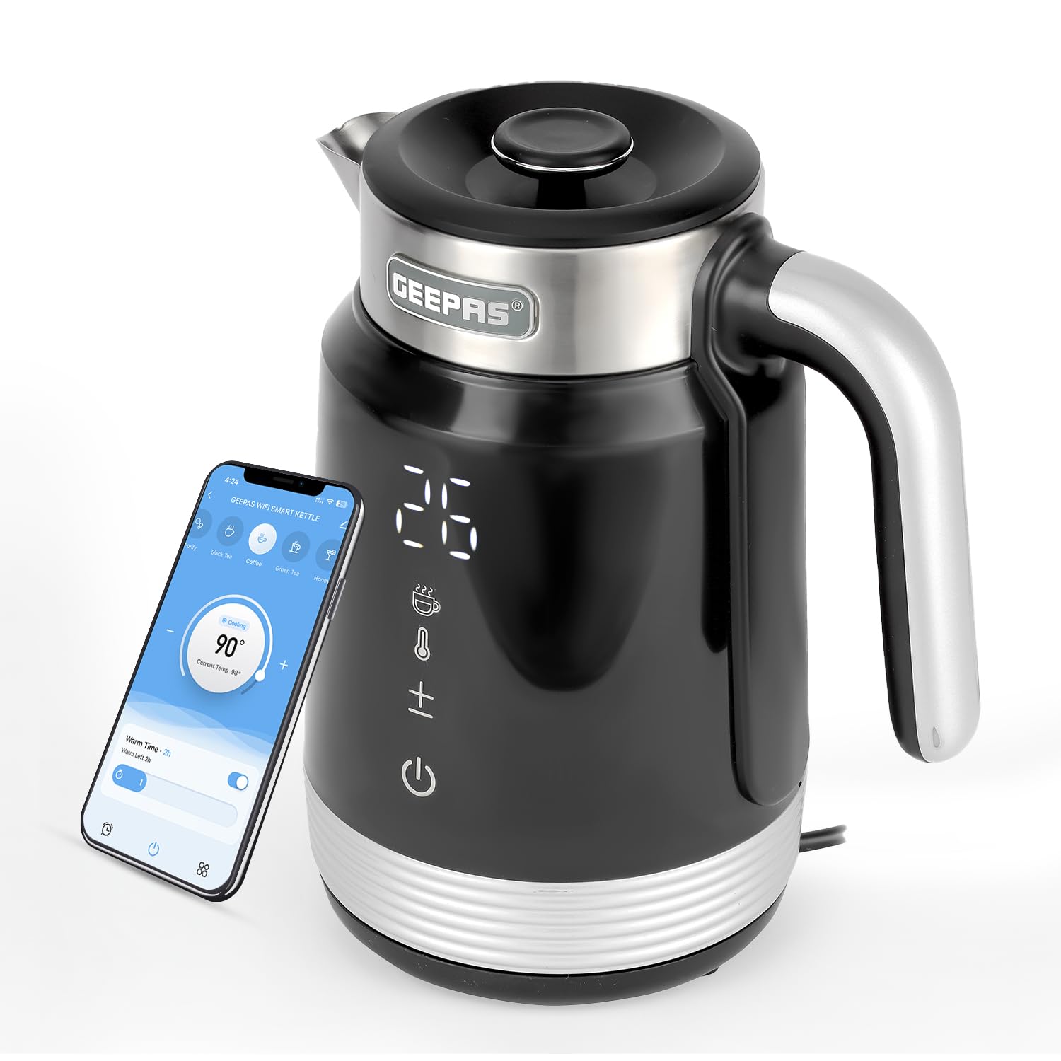 Geepas Smart Stainless-Steel Kettle, 1.7L | WiFi Internet Kettle, Voice Control Google & Alexa| Strix controller, Digital Temperature Display, Double Wall & Anti-Scalding Design | 2200W, Black