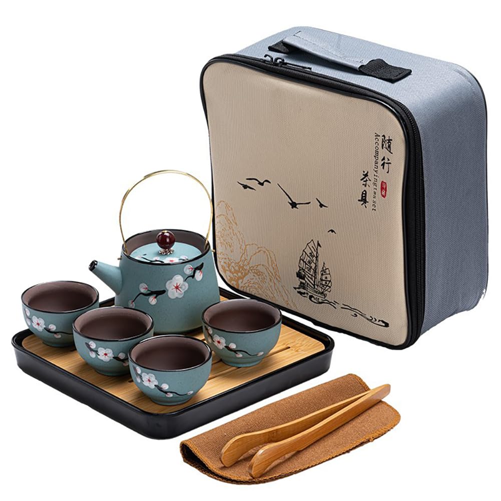 KSZNZB Japanese Portable Tea Set, Chinese Porcelain Kungfu Tea Set,Ceramic Tea Sets with Plum Blossom,Suitable for Picnic Travel Outdoor and Tea Lover Women Men (White)